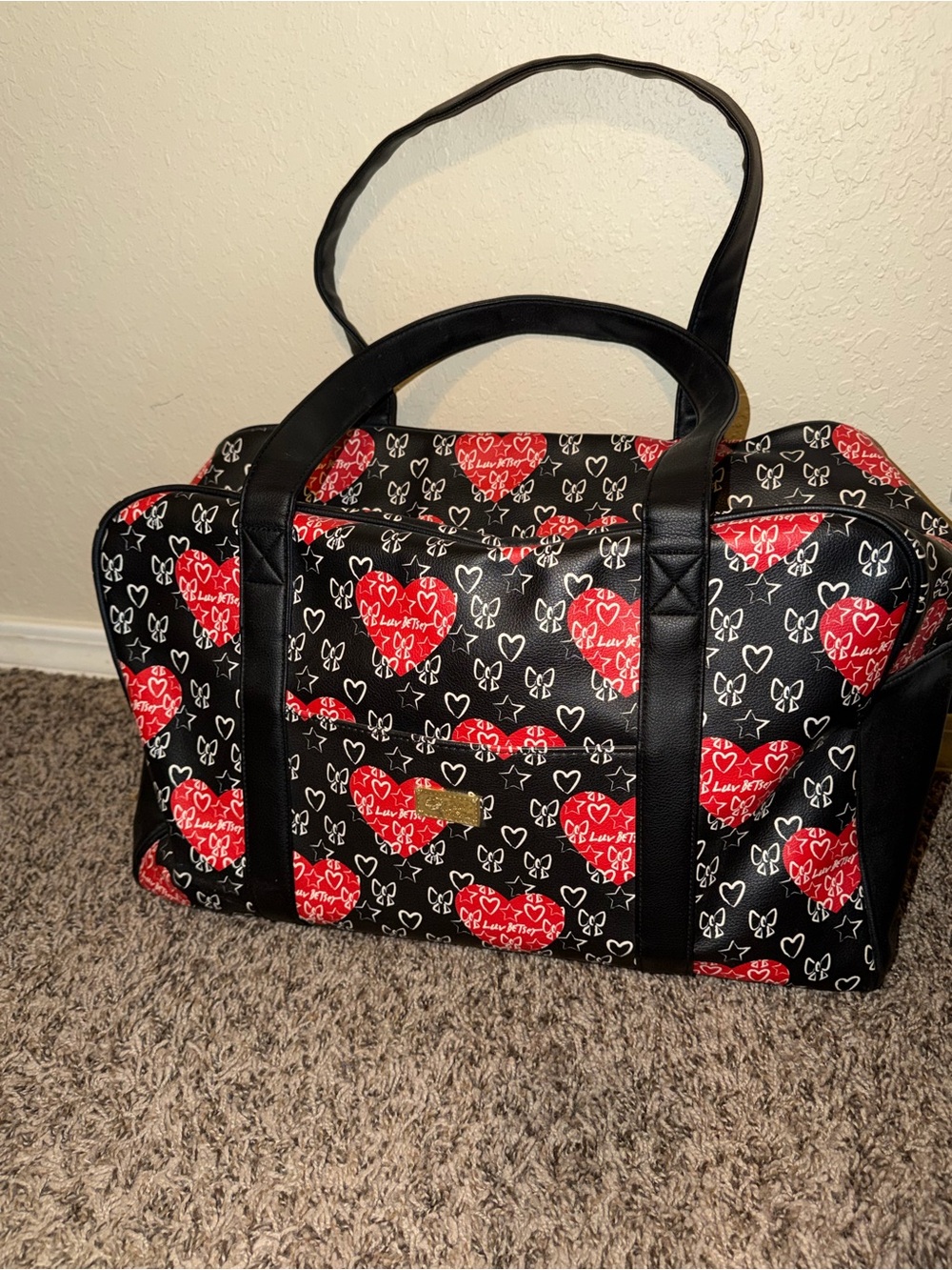 Black Travel Tote with Red Heart Print - Women Travel Bag